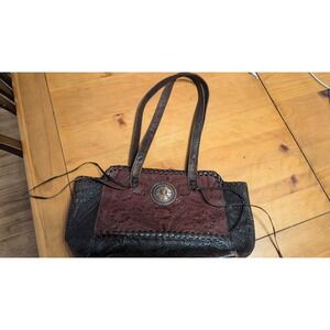American West Leather Handbag Floral Embossed Western‎ Accent Purse Brown